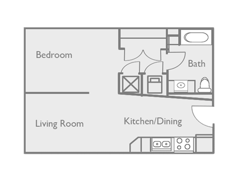 Floor plan for studio, 1 bath, 628 sqft
